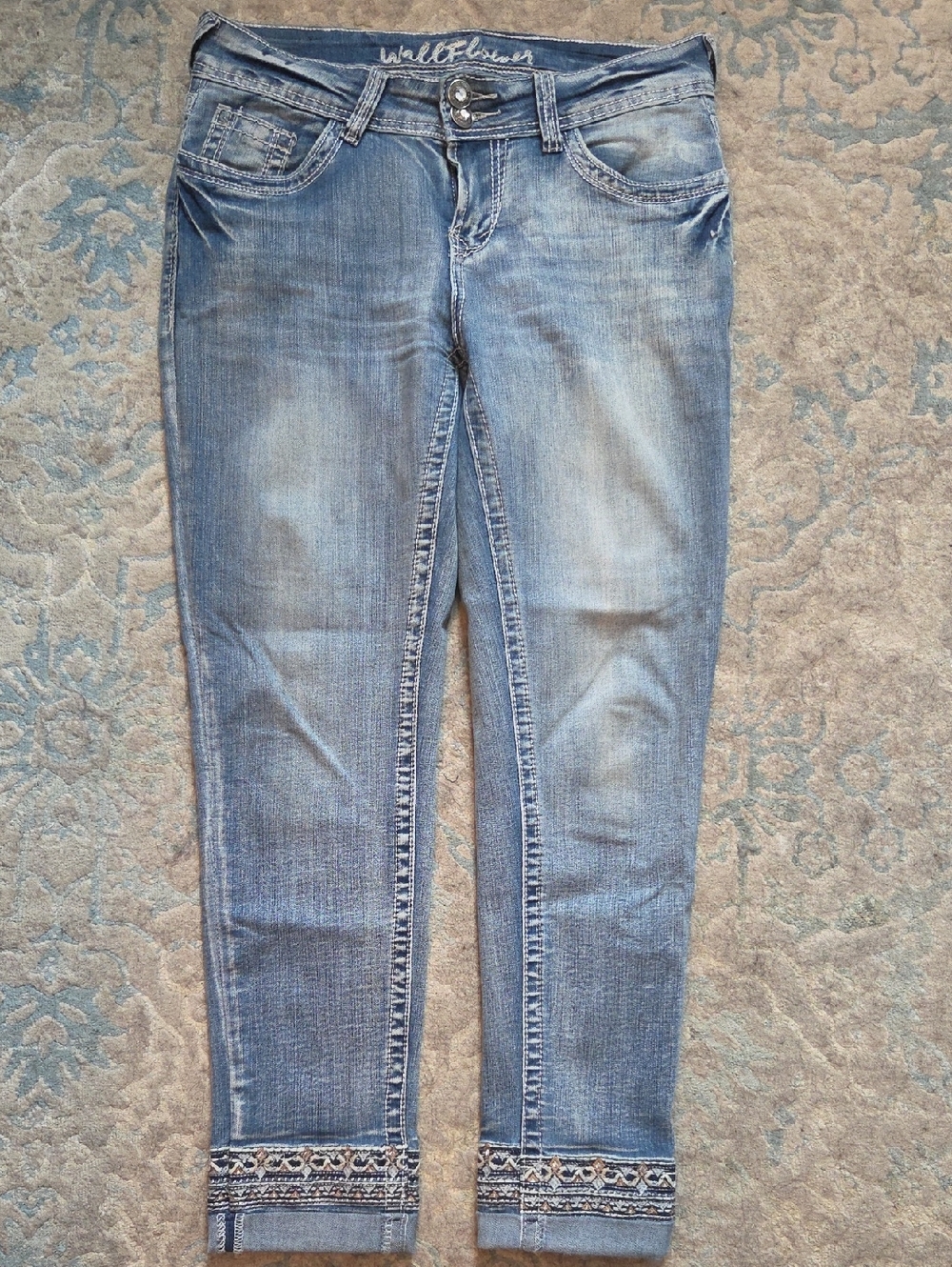 Wallflower Light Blue Embroidered Cuffed Ankle Jeans